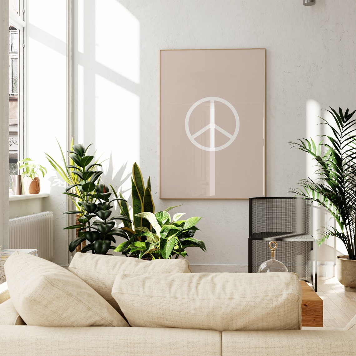 Blush Pink Peace Symbol White Graphic Retro Minimalist Art Poster - Image 3