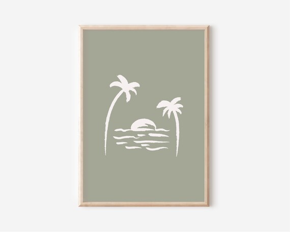 Sage Green Palm Tree Sunset Ocean Waves Minimalist Beach Poster