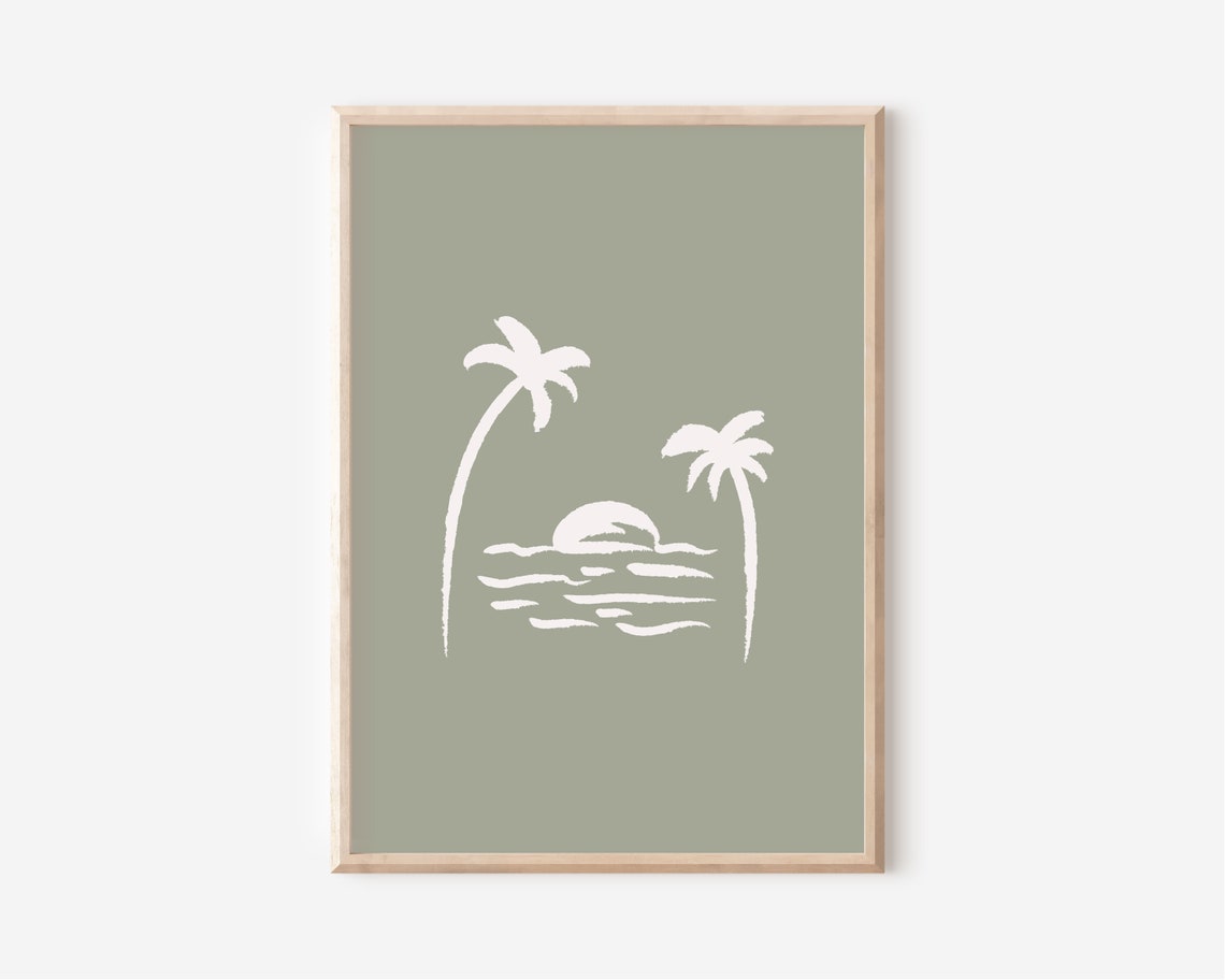 Sage Green Palm Tree Sunset Ocean Waves Minimalist Beach Poster