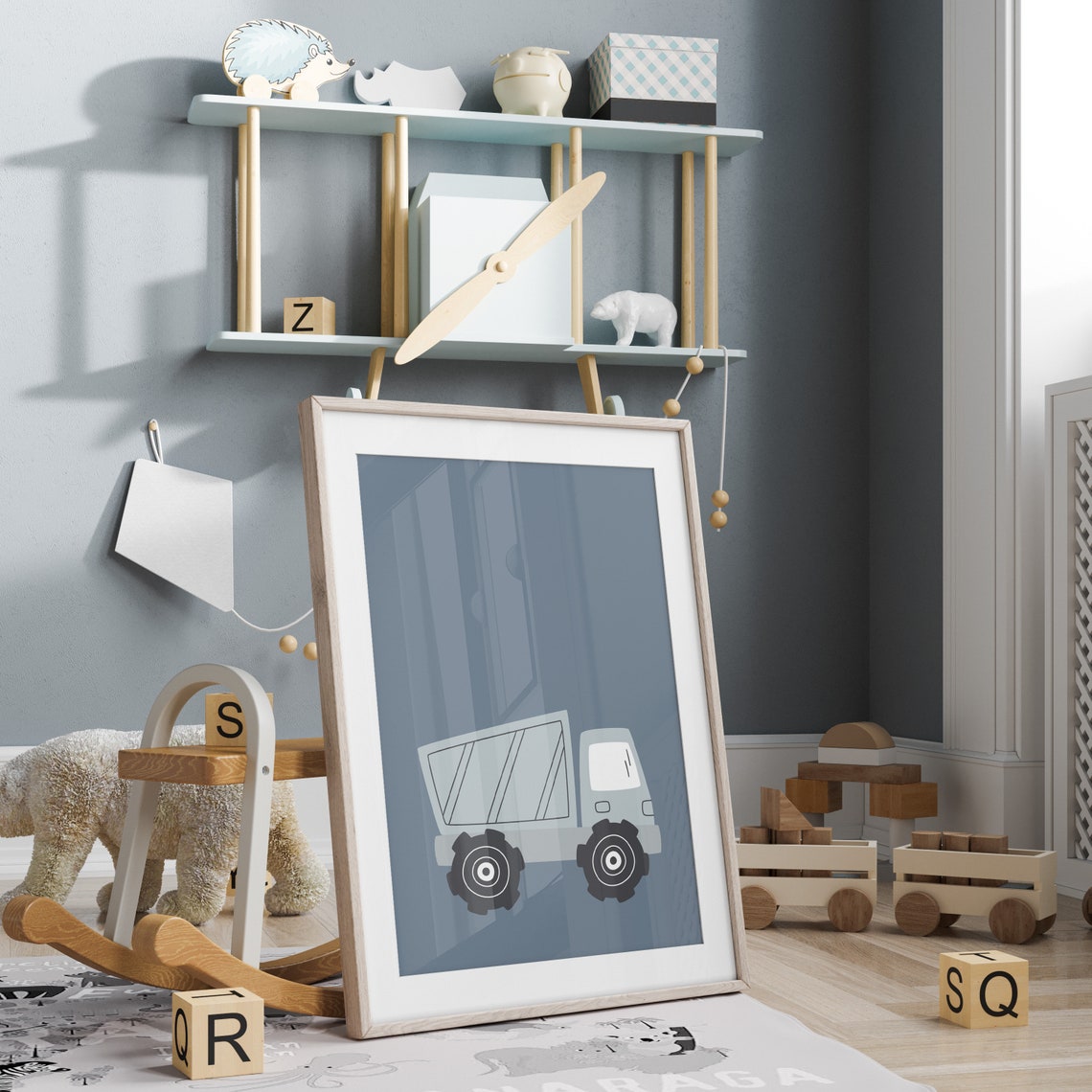 Dump Truck Boys Nursery Blue Construction Vehicle Kids Poster - Image 3