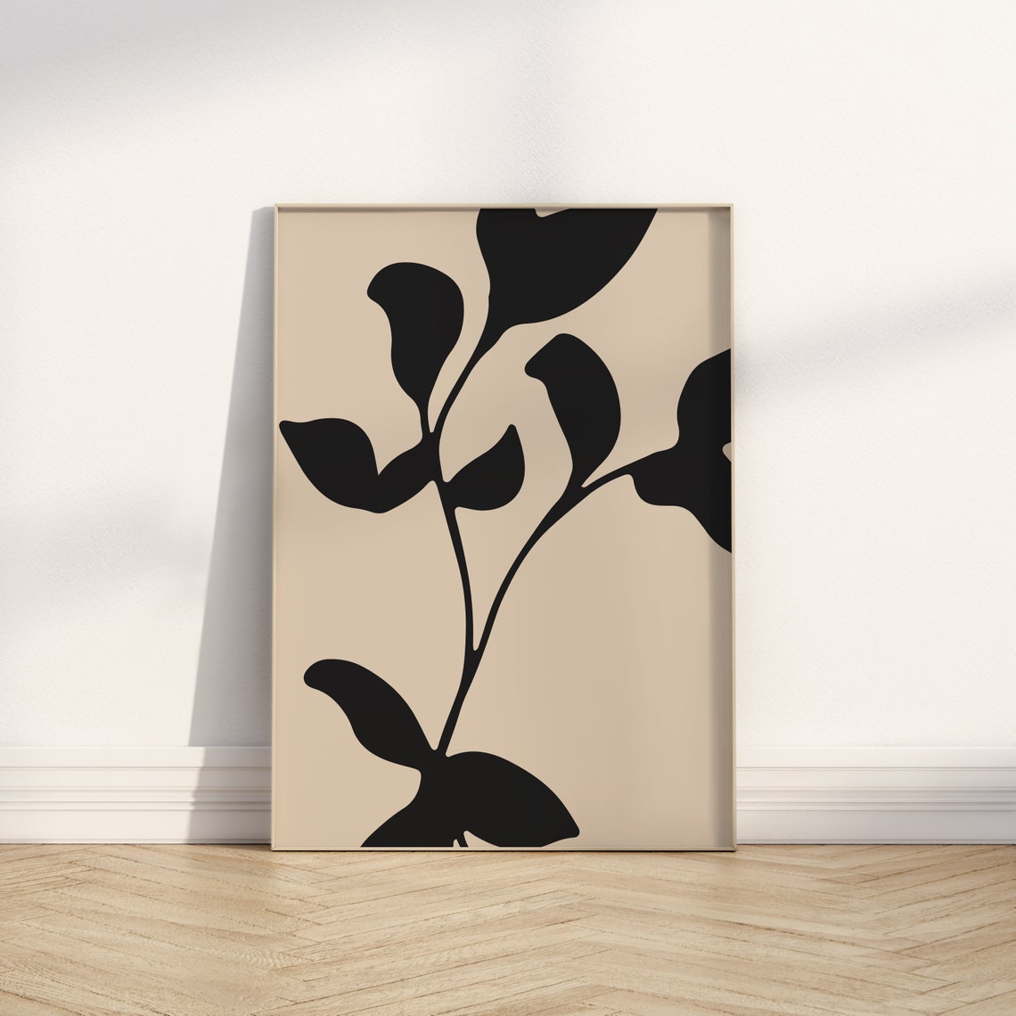 Black Leafy Branch Silhouette Beige Botanical Minimalist Art Poster