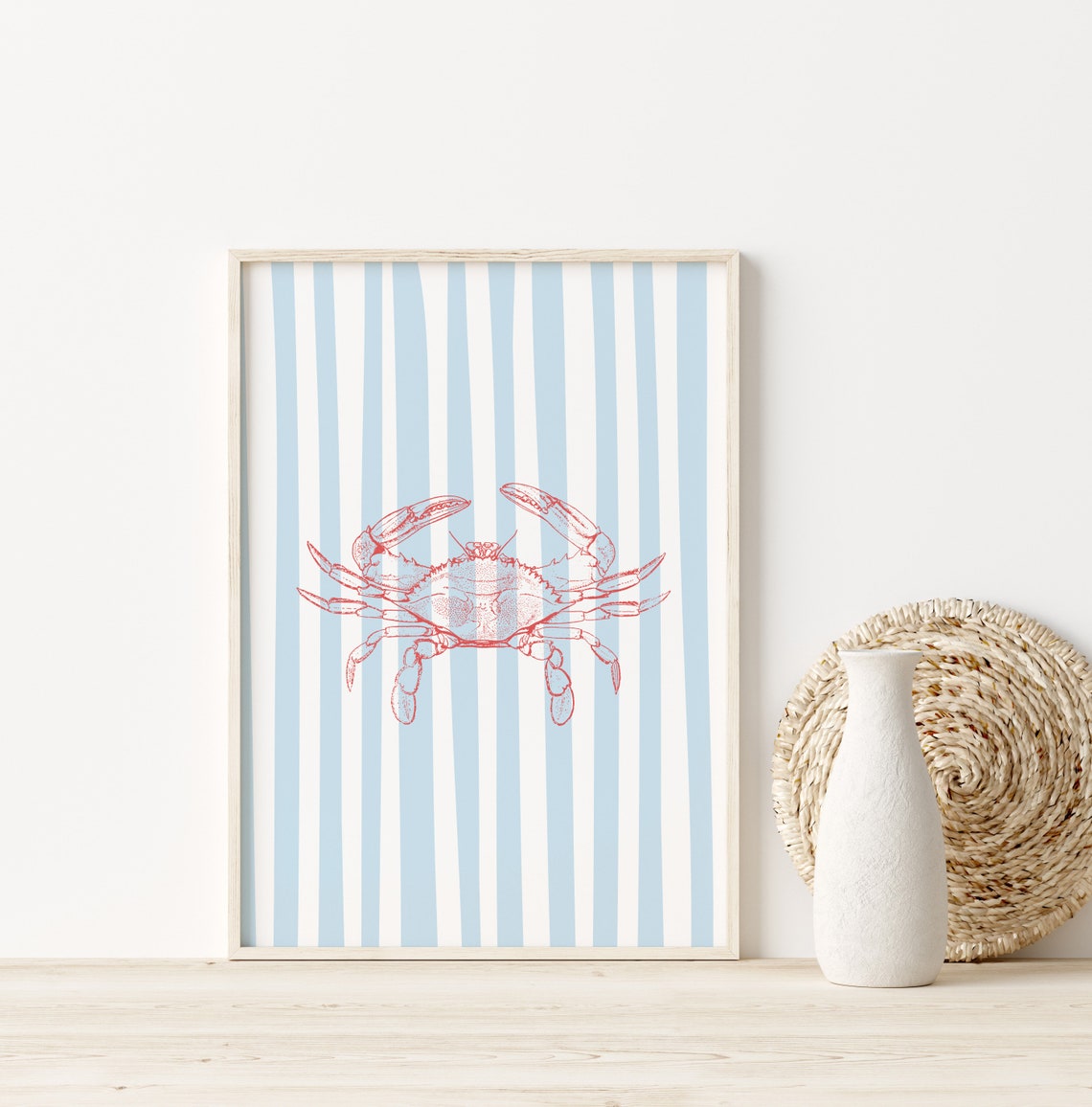 Red Crab Coastal Line Art Blue White Stripe Beachy Nautical Poster