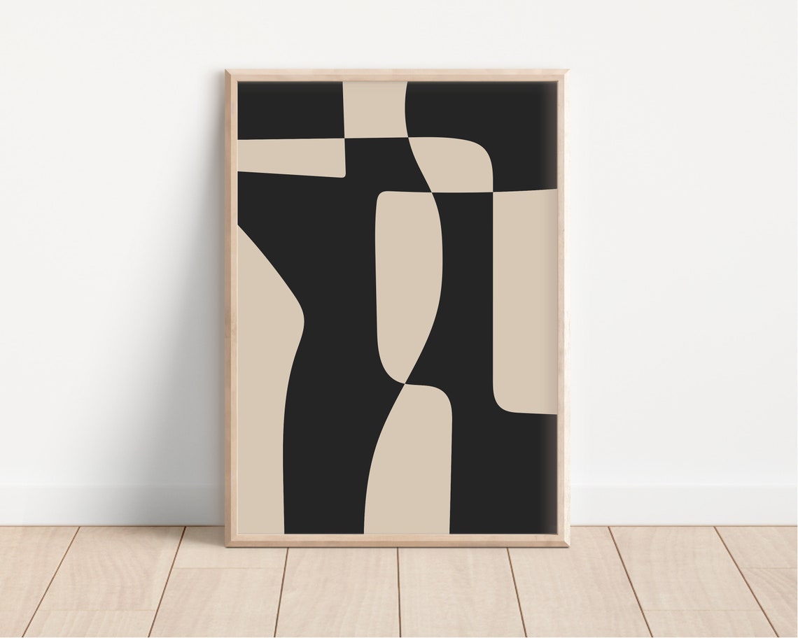 Black Beige Abstract Geometric Poster Mid Century Organic Shapes Art - Image 2