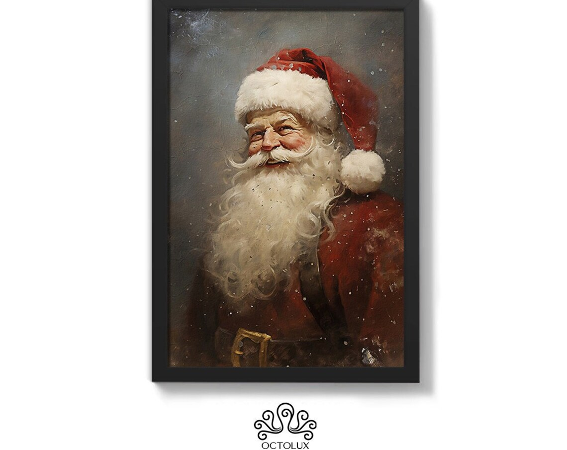 Vintage Santa Claus Smiling Portrait Red Hat Snowy Oil Painting Poster
