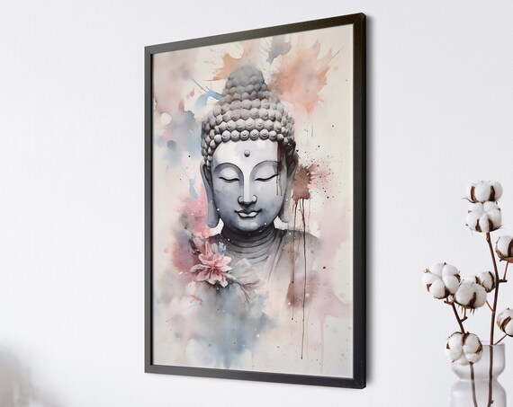 Buddha Statue Watercolor Portrait Pink Floral Meditation Wall Art