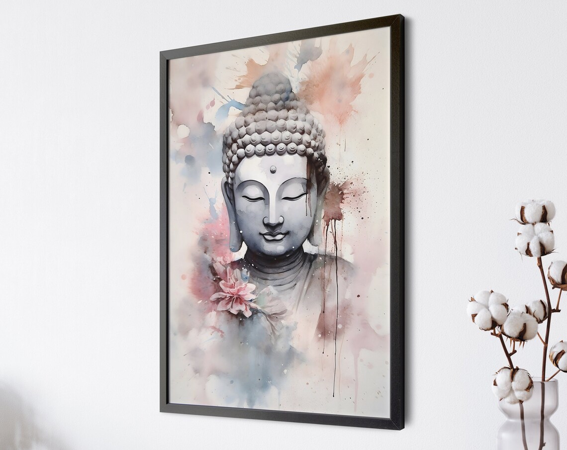 Buddha Statue Watercolor Portrait Pink Floral Meditation Wall Art
