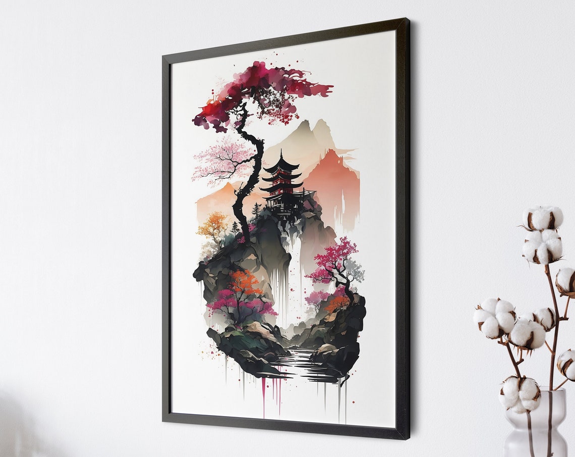 Japanese Watercolor Pagoda With Red Ink Tree Landscape Wall Art