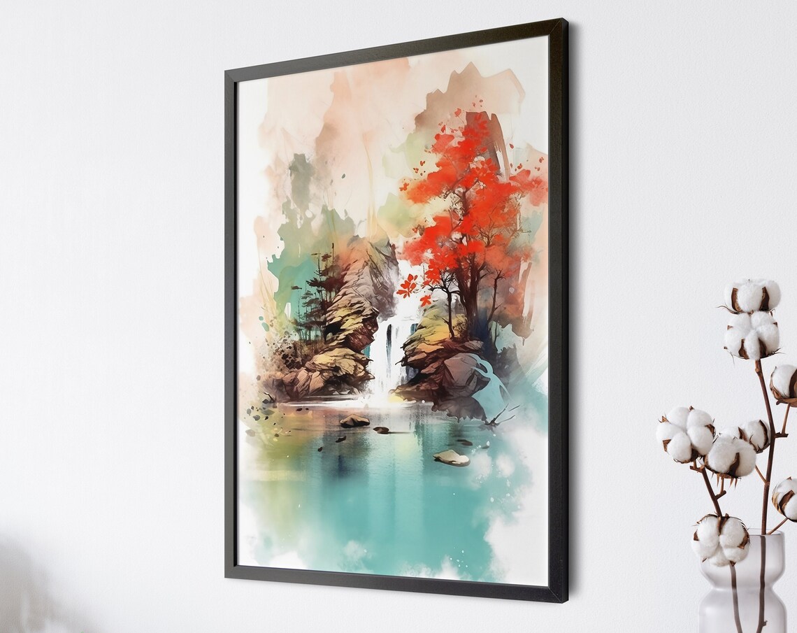 Japanese Waterfall Landscape Art Print, Oriental Style