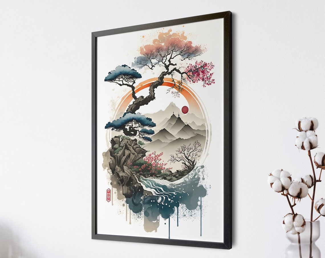 Japanese Watercolor Pine Mountain Enso Circle Lake Landscape Wall Art