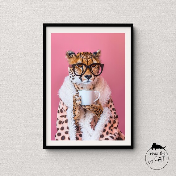 Cheetah in Polka Dot Robe and Glasses with Coffee Cup Pink Pop Art Poster