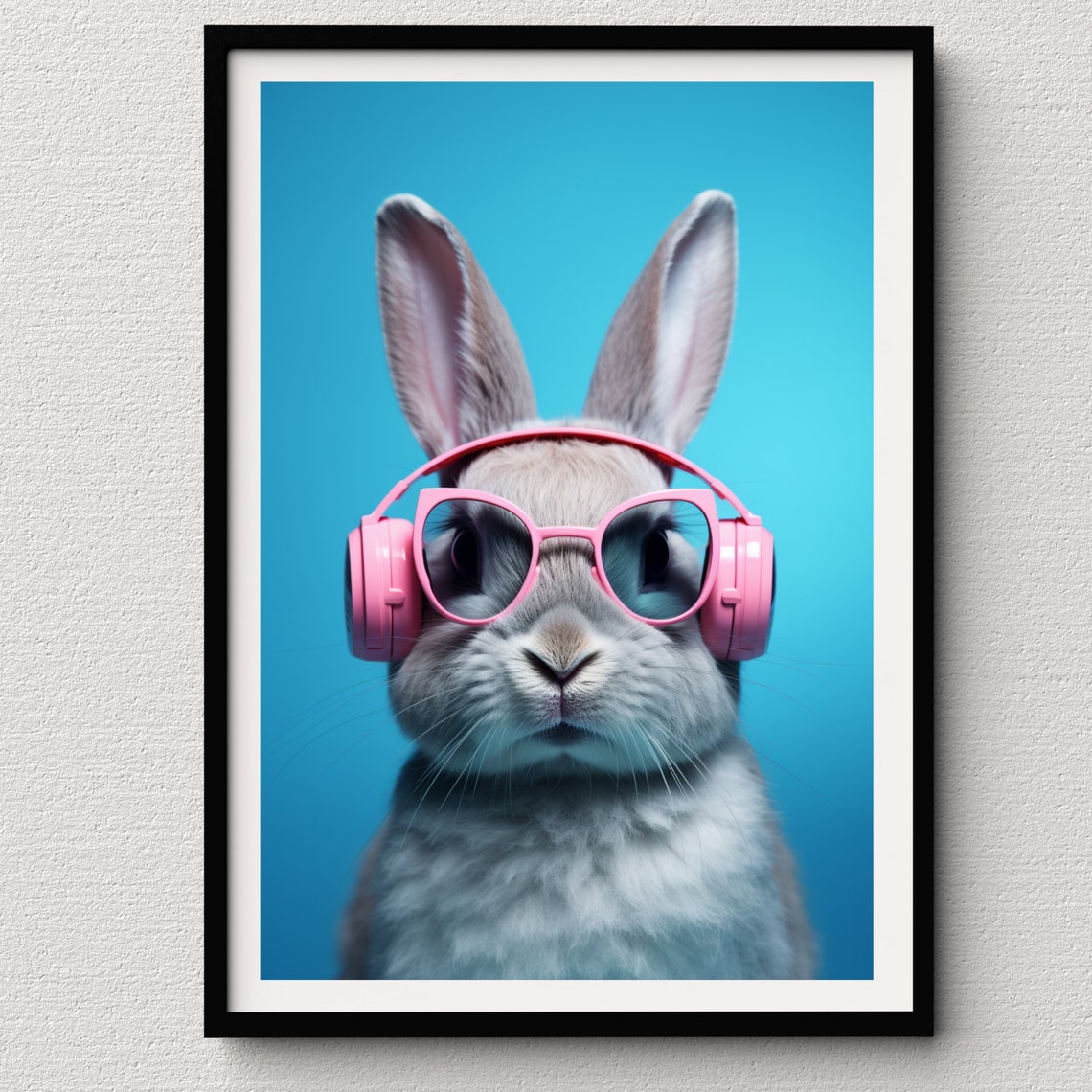 Cute Bunny Rabbit With Pink Headphones and Sunglasses Blue Pop Poster