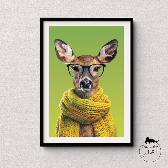 Deer in Black Glasses and Chunky Knit Scarf Green Pop Art Poster