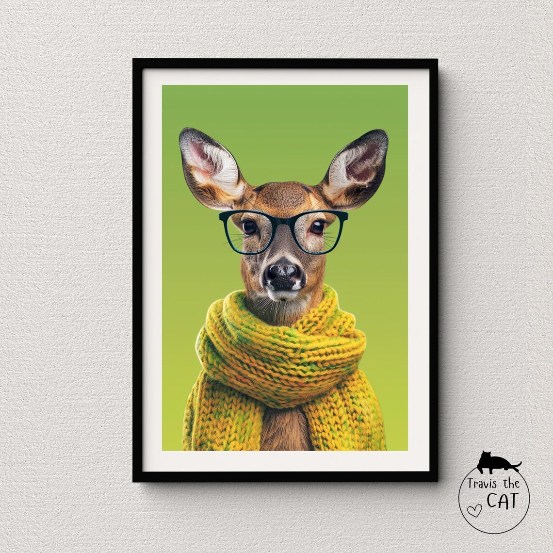 Deer in Black Glasses and Chunky Knit Scarf Green Pop Art Poster