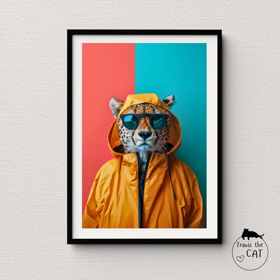 Cheetah in Yellow Rain Jacket and Sunglasses on Color Block Pop Poster