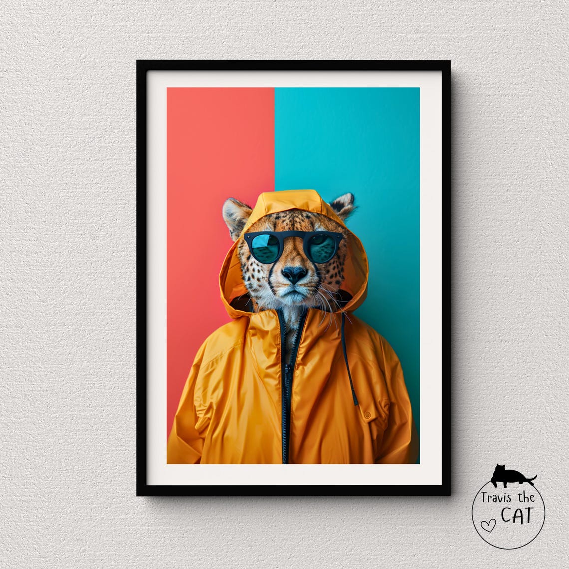 Cheetah in Yellow Rain Jacket and Sunglasses on Color Block Pop Poster