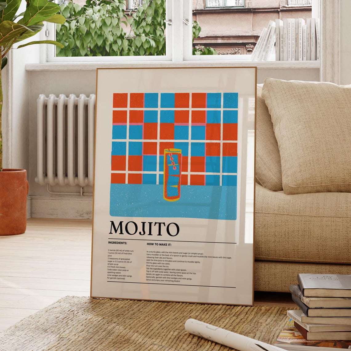 Mojito Cocktail Recipe Checkerboard Kitchen Art Decor Poster