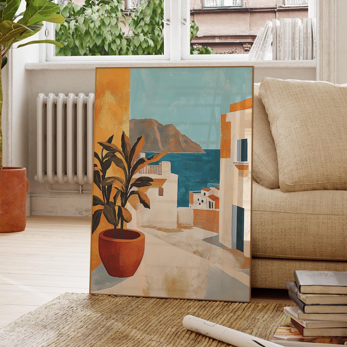 Mediterranean Village Coastal White Houses Potted Plant Sea View Poster