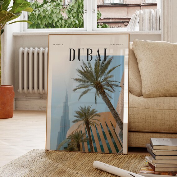 Dubai UAE Palm Trees Burj Khalifa Skyline Desert Travel Poster