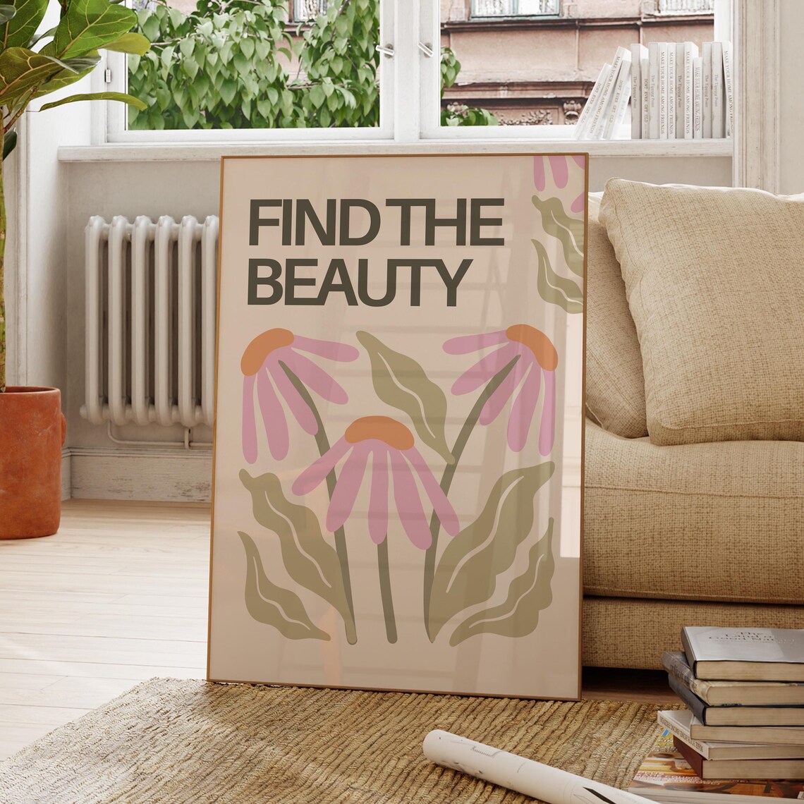 Groovy Find The Beauty Retro Pink Coneflower Floral Quote Poster