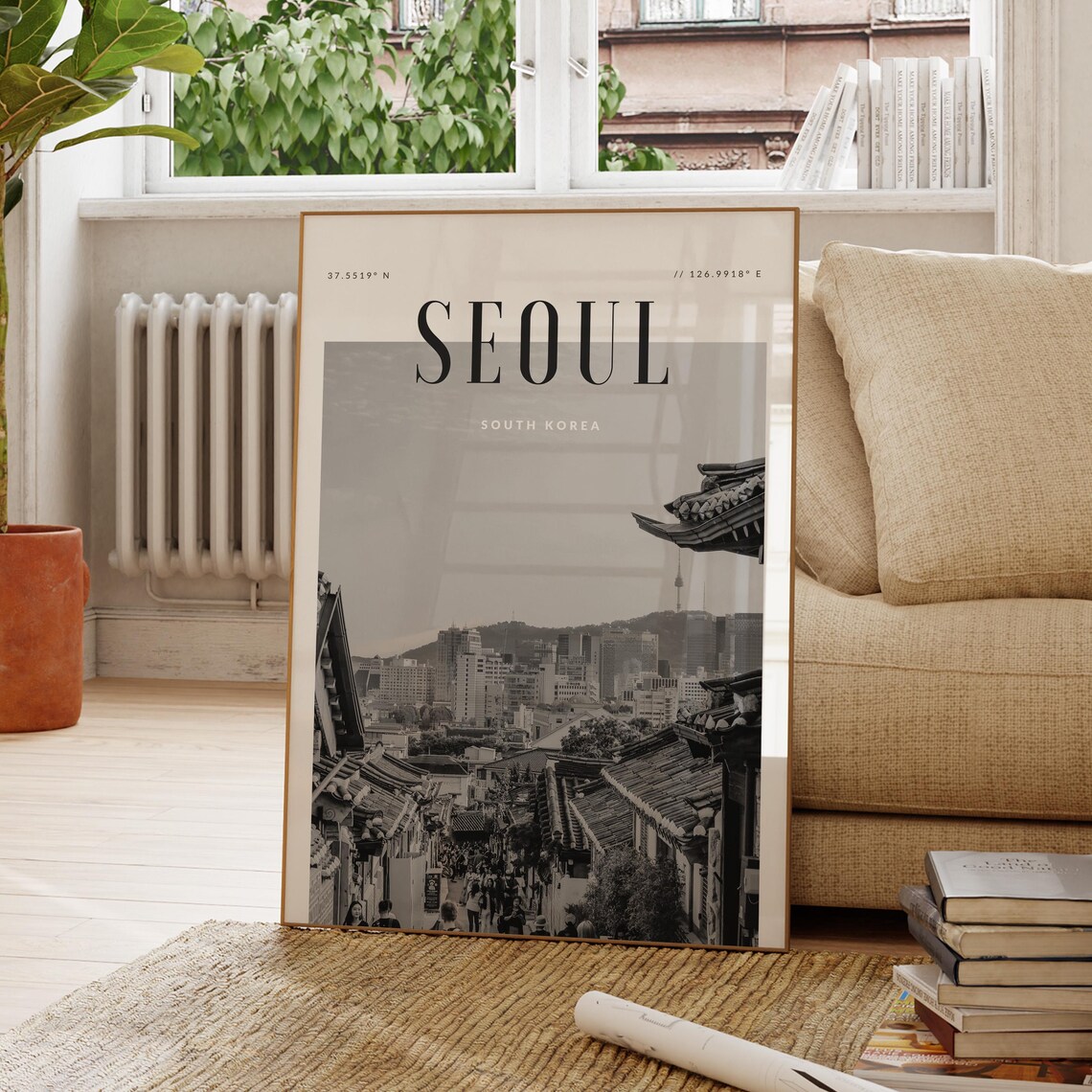Seoul South Korea Modern Travel Poster, Black And White