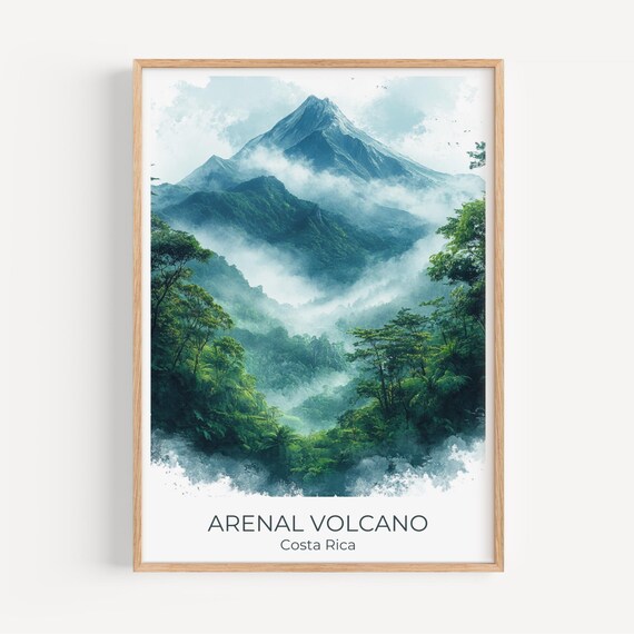 Arenal Volcano Travel Poster Watercolor Costa Rica Wall Art Misty Mountain Rainforest Decor Tropical Print