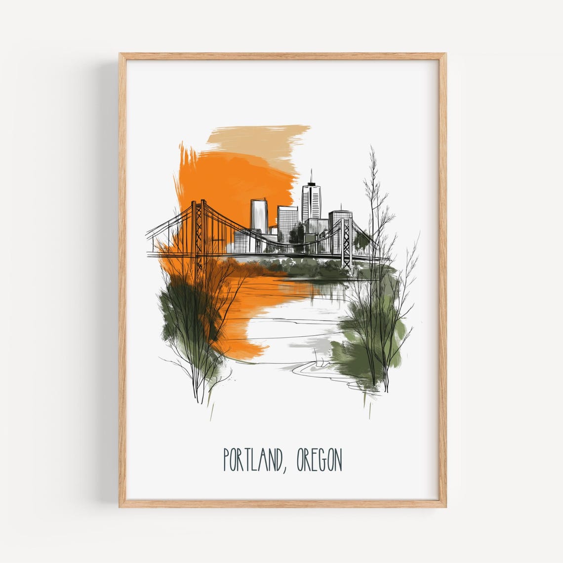 Portland Skyline Poster Oregon Wall Art Cityscape Illustration Line Decor Travel Gift