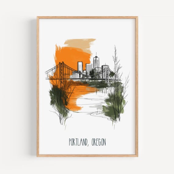 Portland Skyline Poster Oregon Wall Art Cityscape Illustration Line Decor Travel Gift