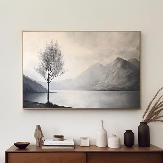 Large Black And Gray Tones Abstract Landscape Painting Modern Wall Art Wabi Sabi Landscape Art Horizontal Living Room Wall Decor