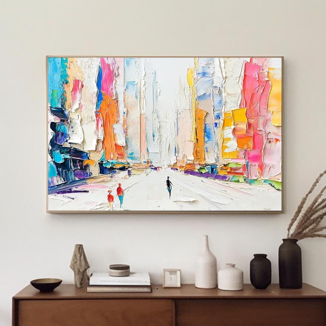 Colorful Impasto City Street With Tiny Figures and Wet Pavement Poster