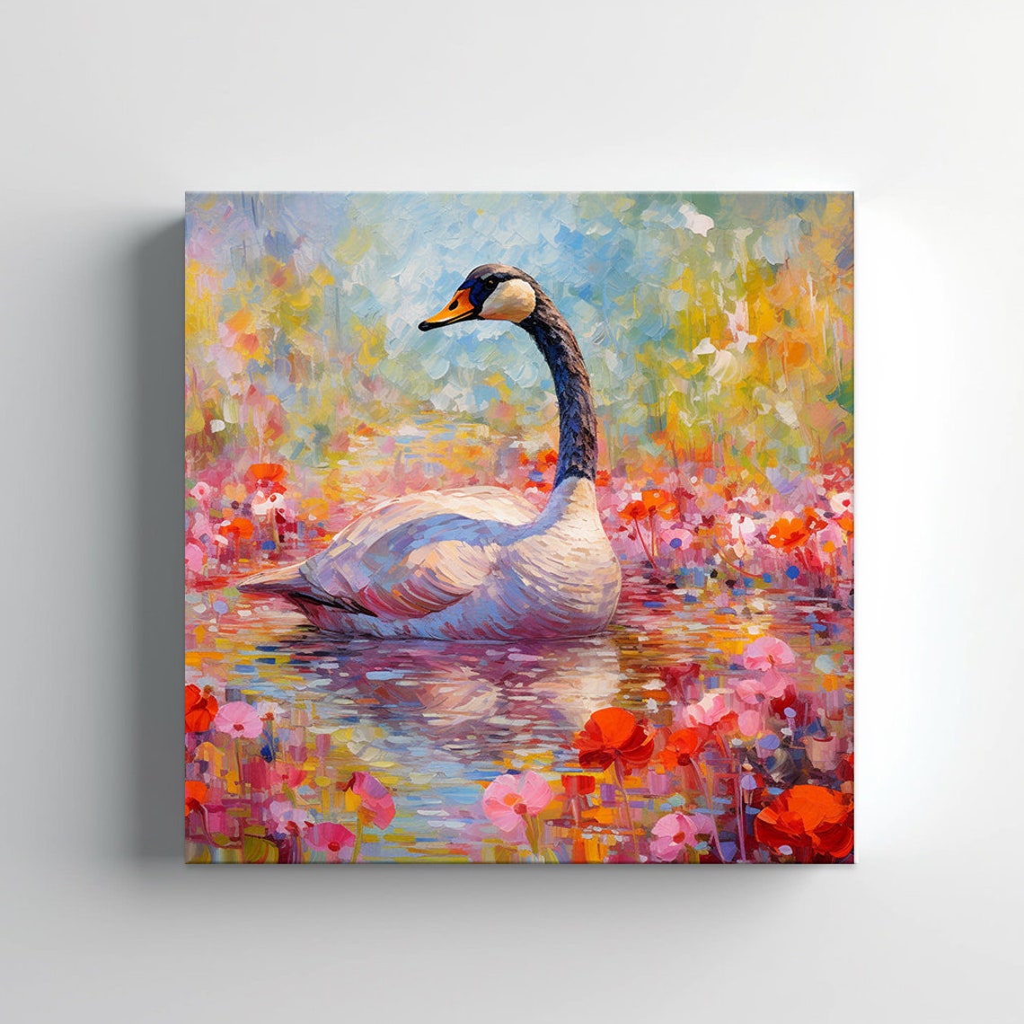 Canada Goose Pond Pink Flowers Impressionist Colourful Bird Art Print - Image 3