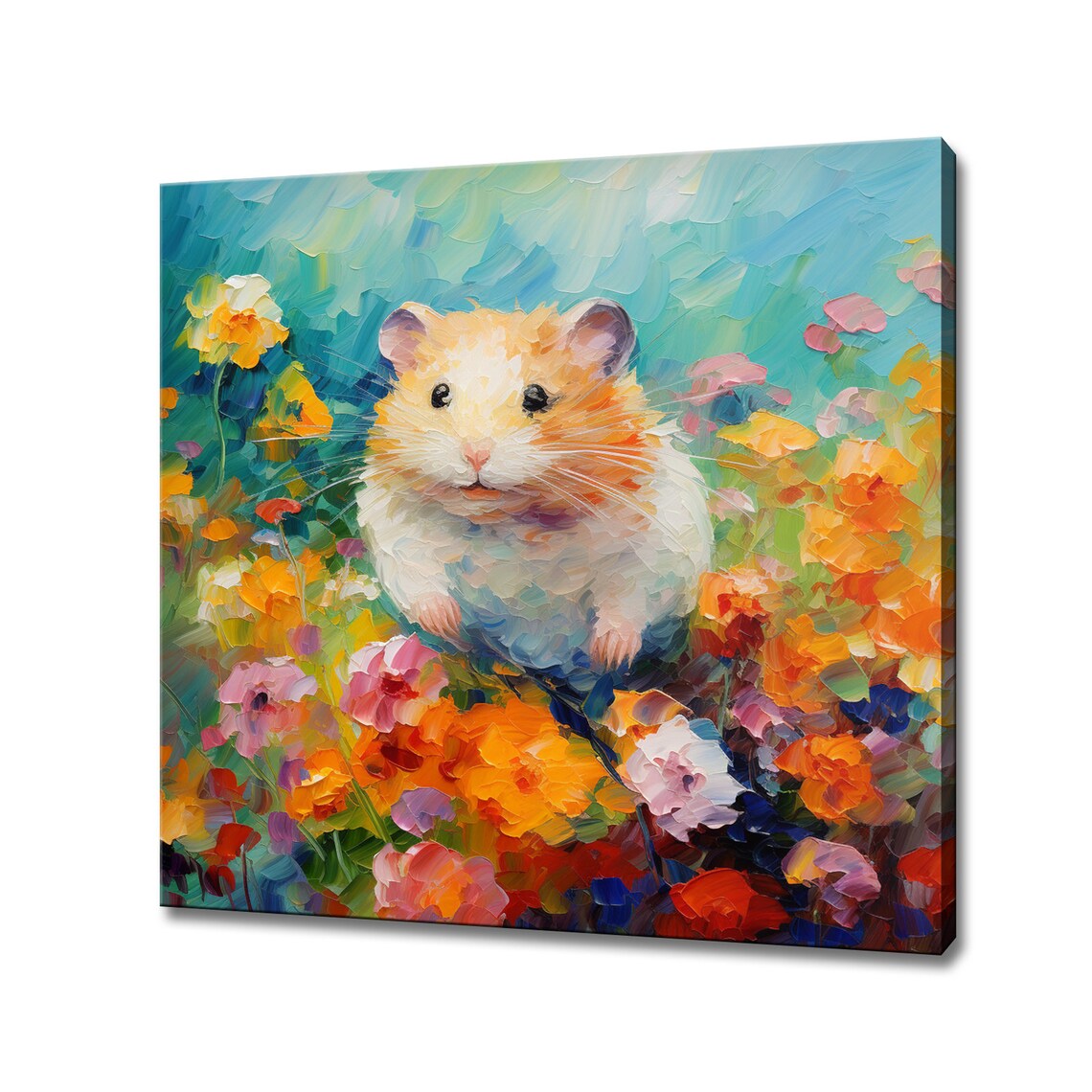 Hamster Bright Wildflowers Turquoise Colourful Pet Portrait Wall Art