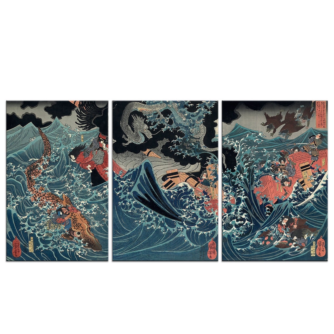 Kuniyoshi Tengu Rescue Triptych Stormy Waves Dragon Ukiyo-e Art Poster