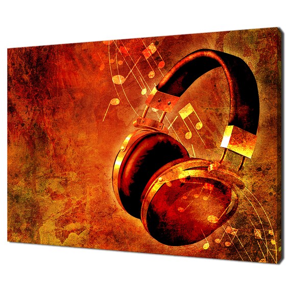 Retro Grunge Headphones With Music Notes Burnt Orange Music Art Poster