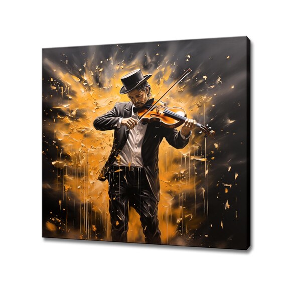 Top Hat Violinist Standing Gold Splash Classical Music Wall Art