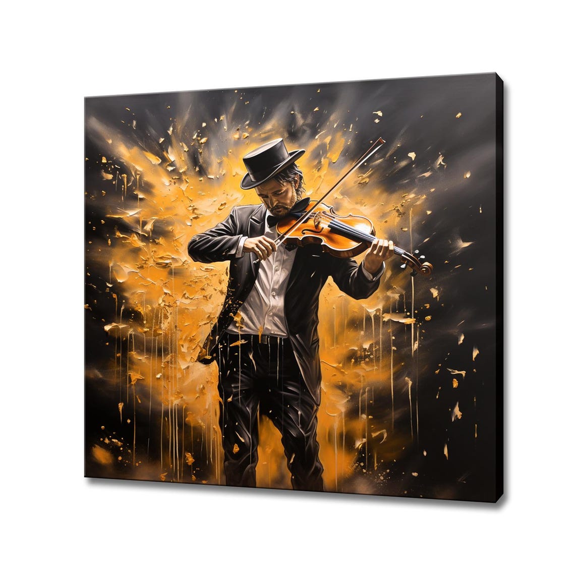 Top Hat Violinist Standing Gold Splash Classical Music Wall Art