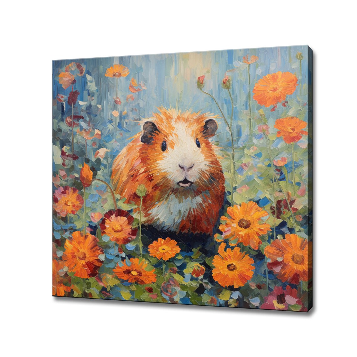 Guinea Pig in Flowers Field, Colorful Portrait Art Print