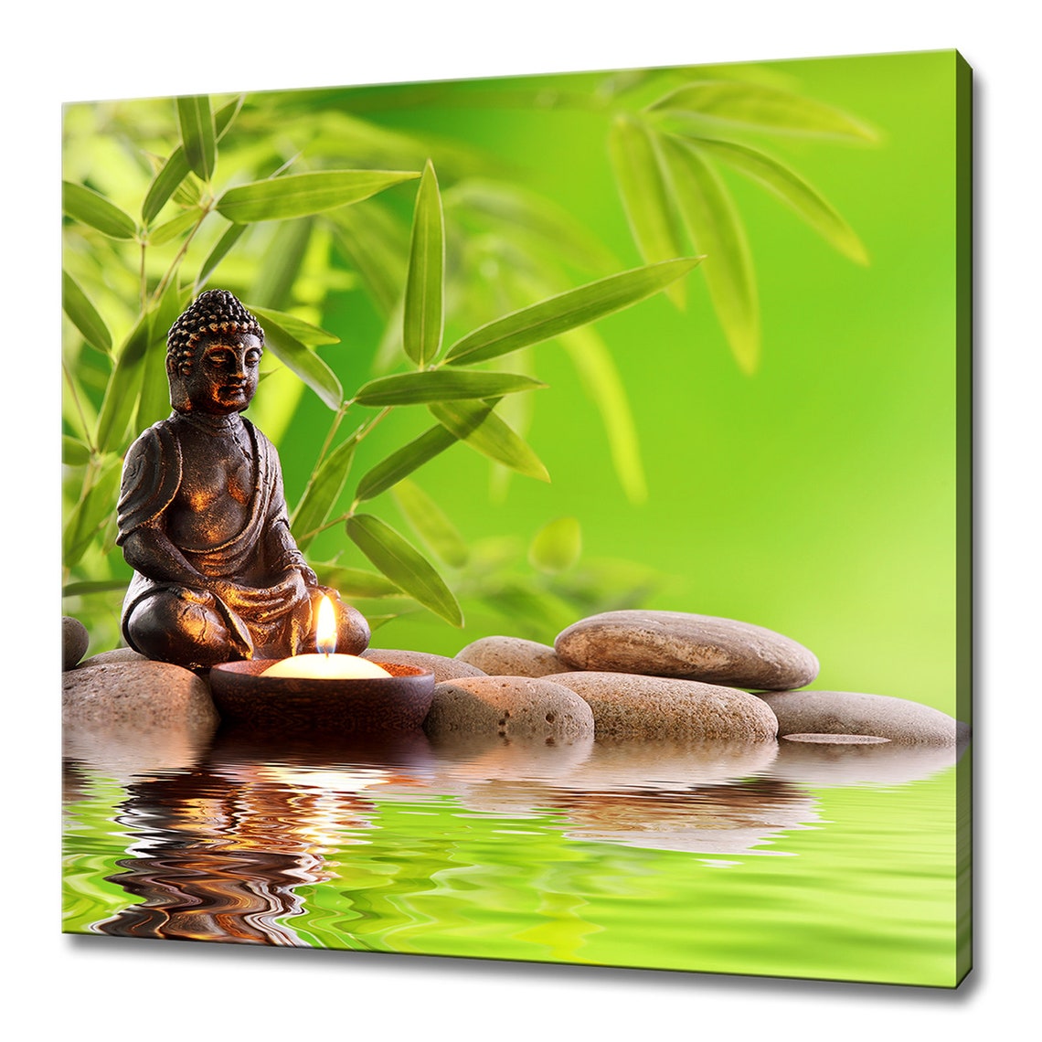 Meditating Buddha Statue With Lit Candle and Zen Stones Spa Poster