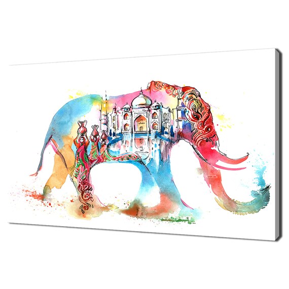India Elephant Watercolor Taj Mahal Silhouette Colorful Splash Wall Art
