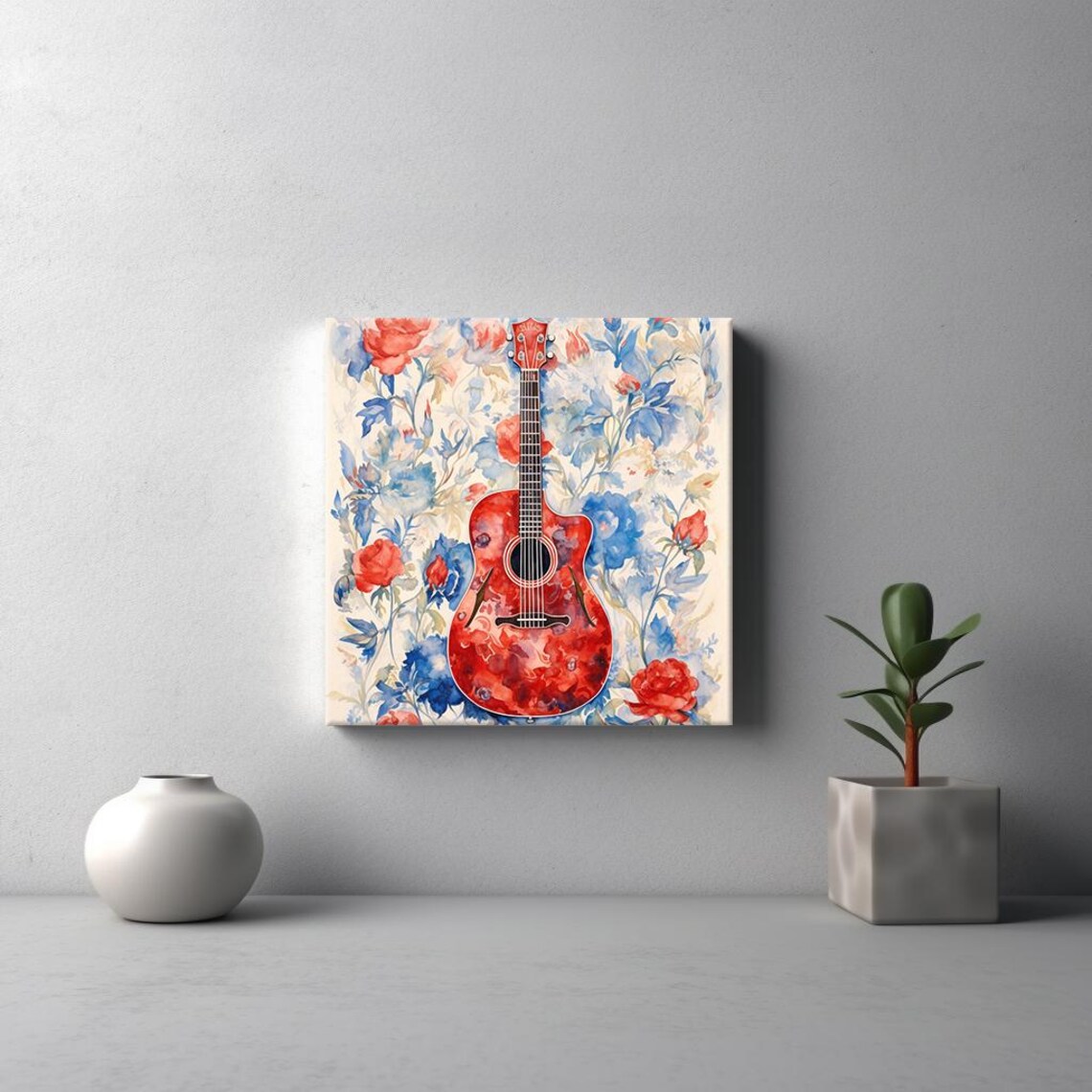 Red Acoustic Guitar Watercolor With Blue Red Floral Music Art Poster - Image 3