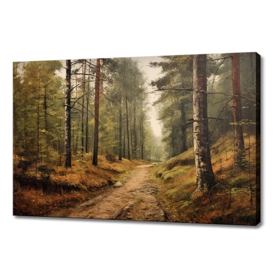 Pine Forest Landscape Countryside Vintage Painting Style Print Farmhouse Decor Art Nature Picture Wall Hanging Fine Art Print