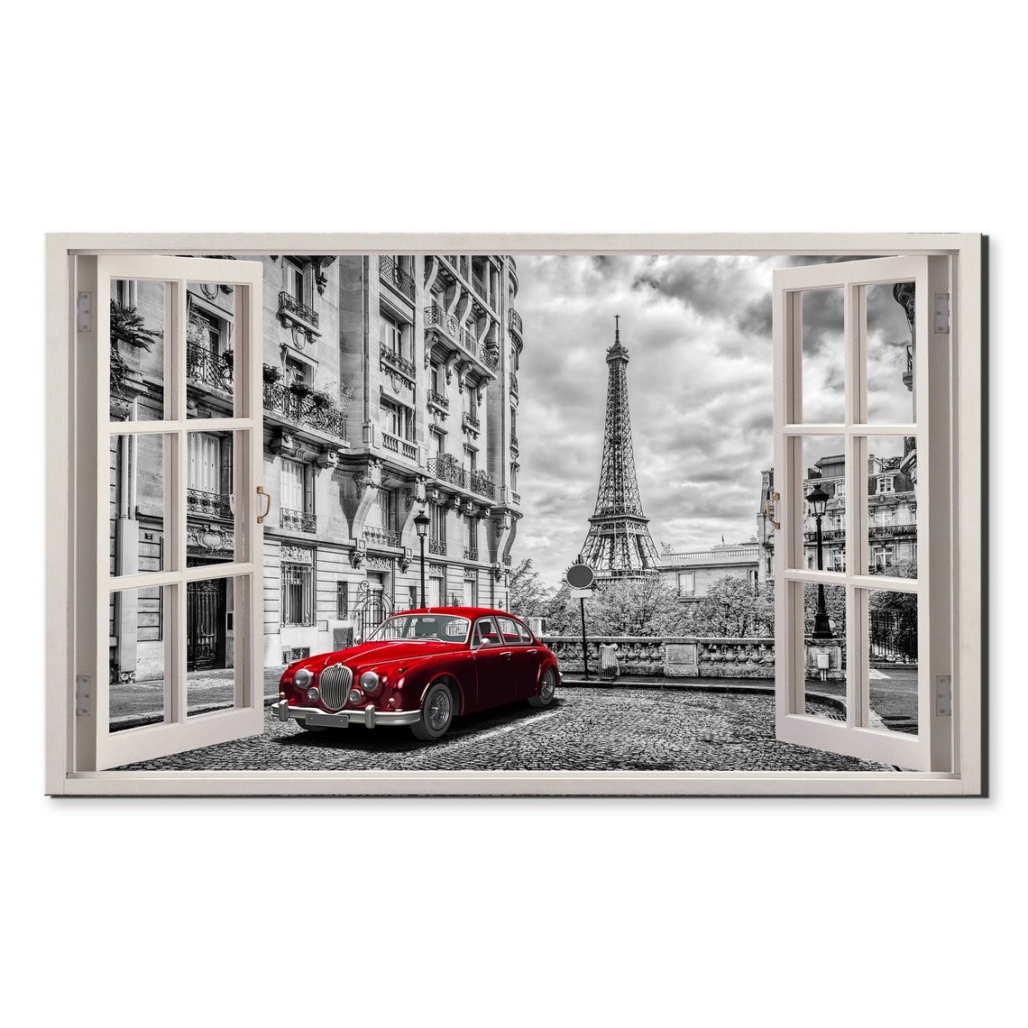 Paris Eiffel Tower Red Vintage Car Black White Window View Poster
