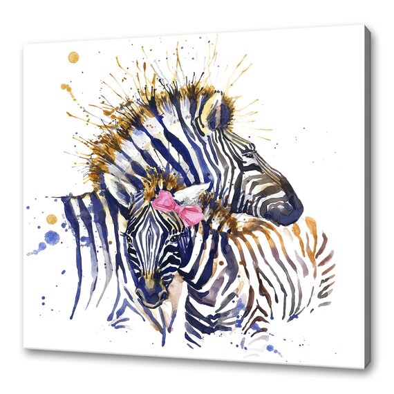 Two Zebras Cuddling Watercolor Baby Zebra with Pink Bow Kids Art Poster