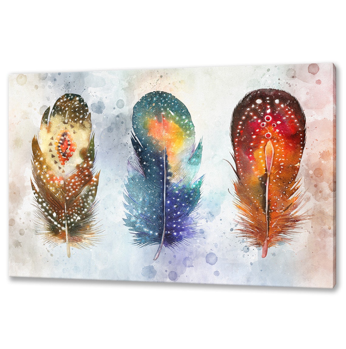 Three Colourful Feathers Watercolour Boho Modern Wall Art Print