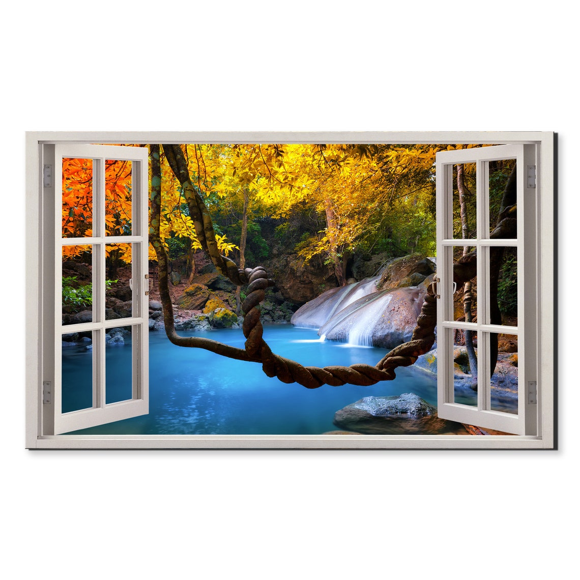 Tropical Waterfall Window View Autumn Trees Turquoise Pool Wall Art