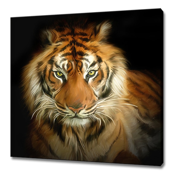 Tiger Portrait Oil Painting Style Fierce Golden Eyes Dark Background Print