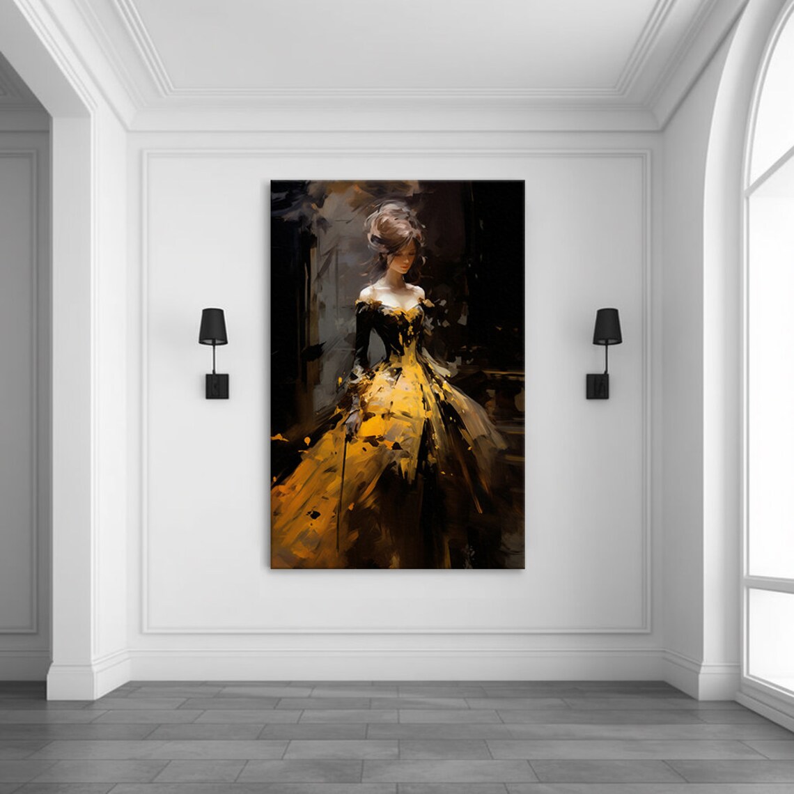Elegant Lady In Golden Yellow Baroque Ball Gown Dark Painterly Poster - Image 3