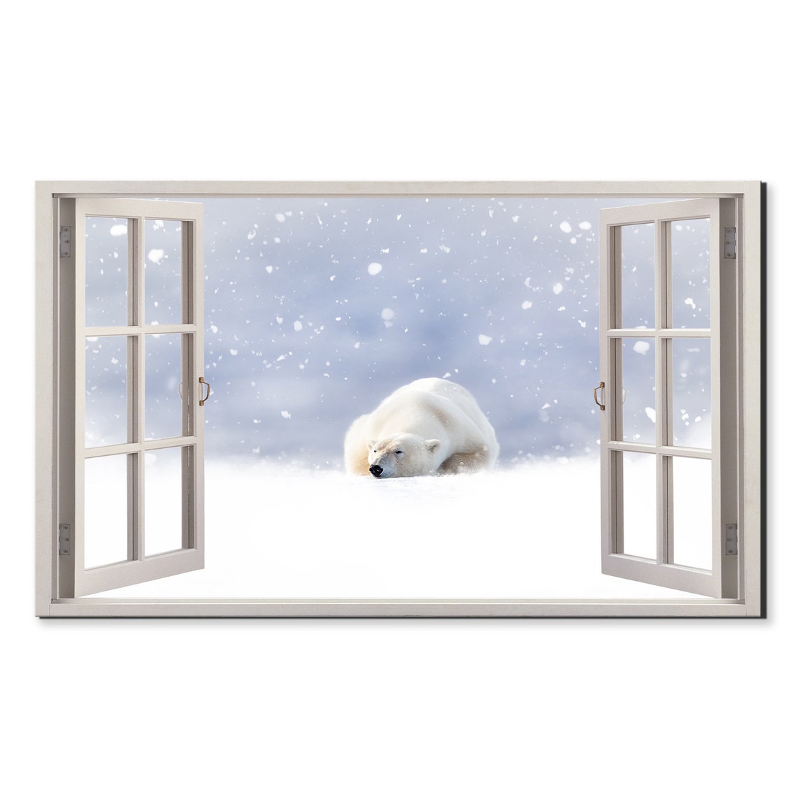 Polar Bear Resting In Snowfall Arctic Wildlife Window View Poster