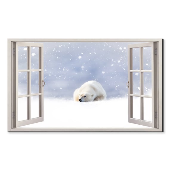 Polar Bear Resting In Snowfall Arctic Wildlife Window View Poster