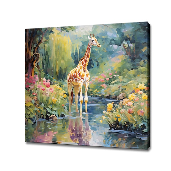 Giraffe Standing In Blooming Stream With Flowers Jungle Art Poster