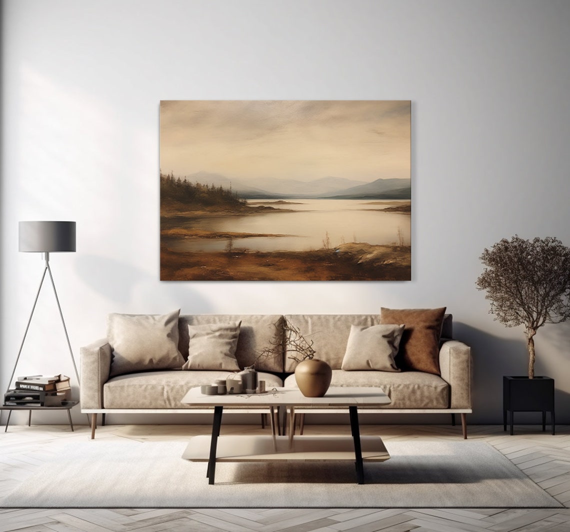Foggy Lake Muntains Vintage Country Landscape Moody Painting Style Print Farmhouse Decor Art Neutral Nature Picture Wall Hanging - Image 4